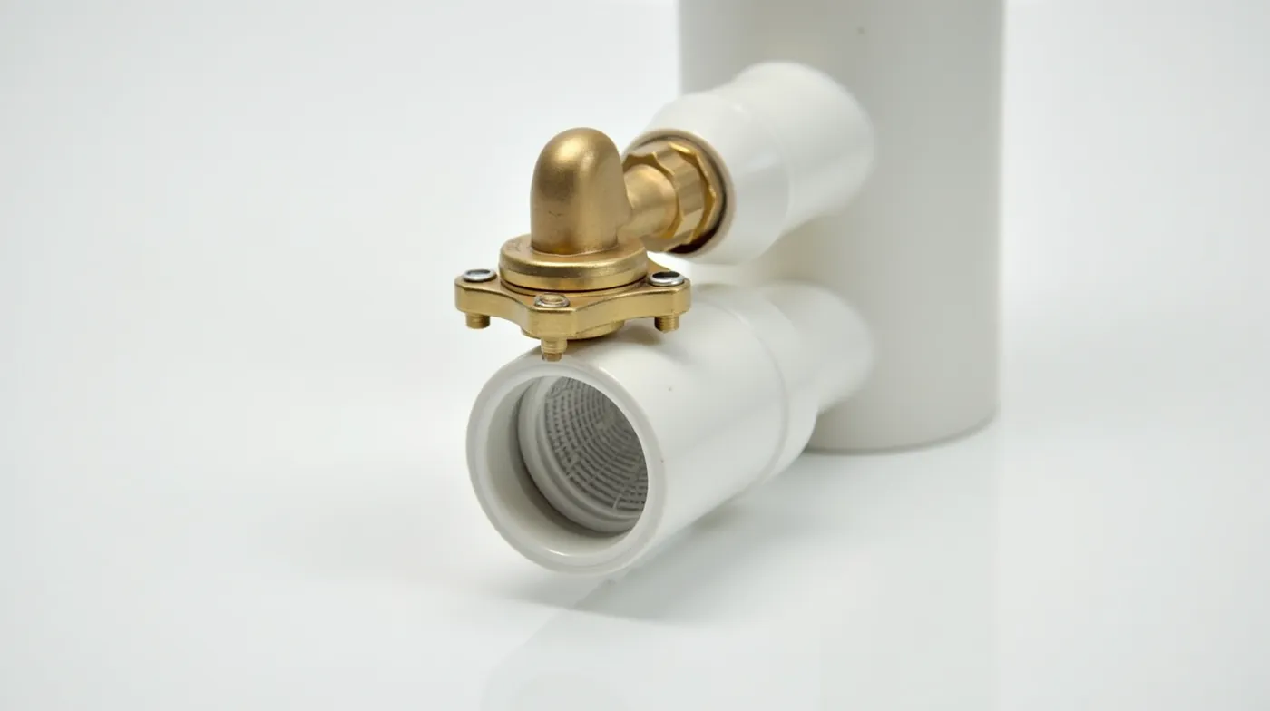 Close-up editorial photograph of a brass well foot valve with a strainer screen, mounted at the bottom of a white PVC su