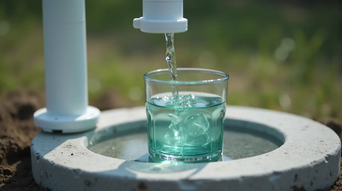 Close-up editorial photograph of a clear glass of slightly green-tinted well water sitting on a concrete well pit lid be