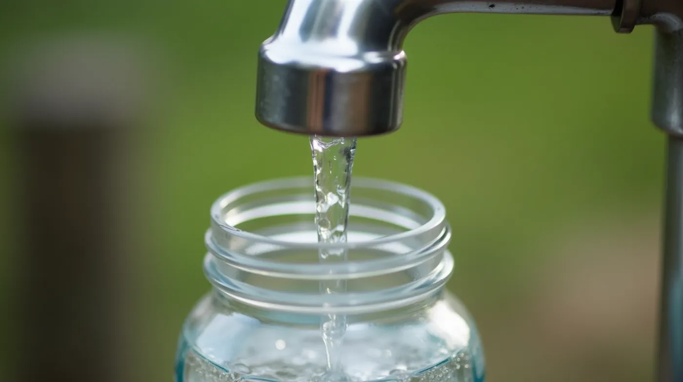 Professional editorial photograph of clear well water flowing from a polished outdoor metal spigot into a glass jar, bri