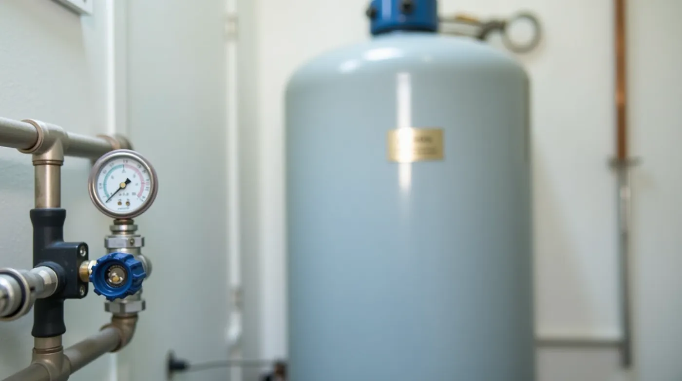 Professional editorial photograph of a residential well pressure tank and submersible pump system in a bright, clean uti