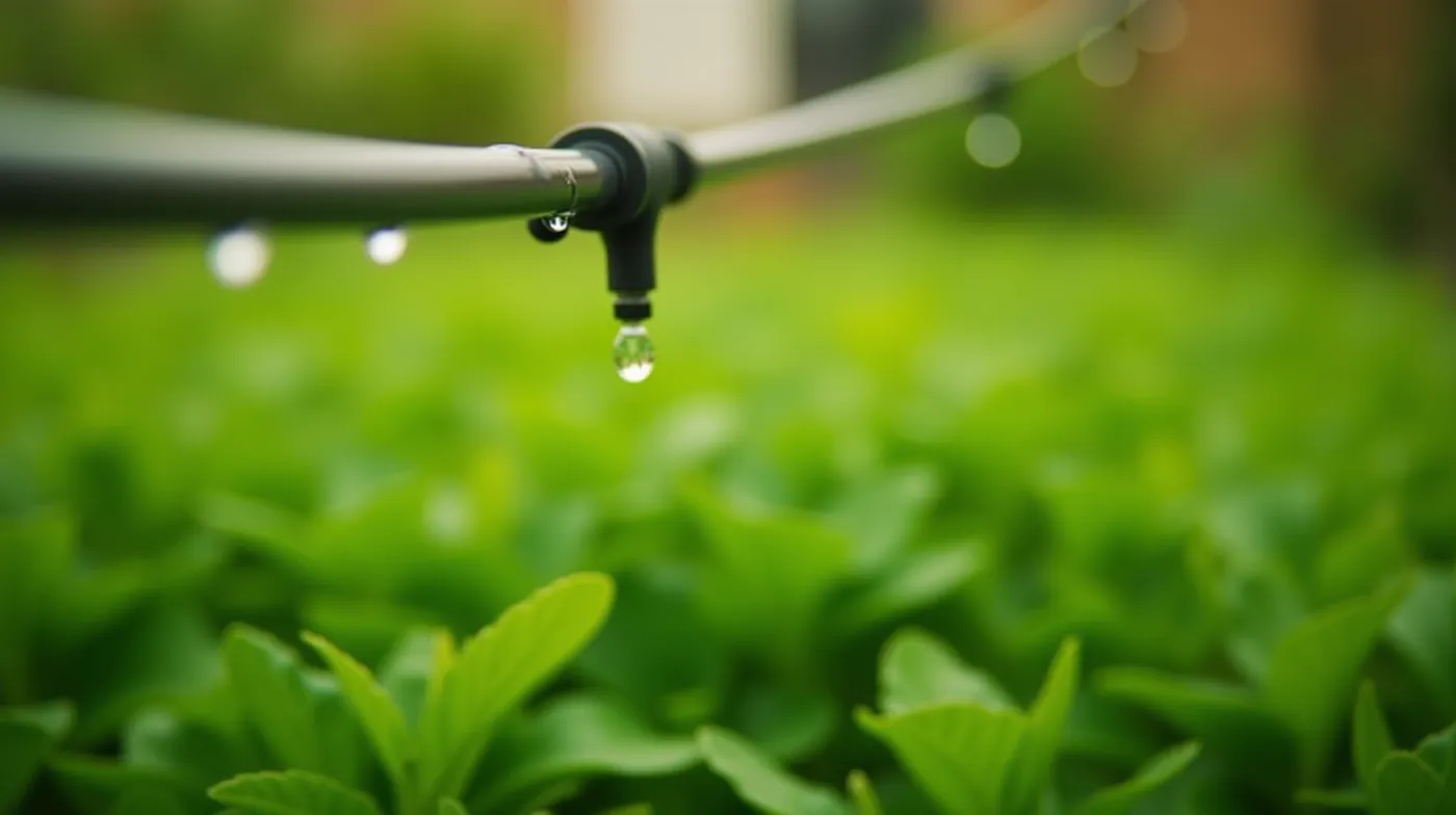 Professional editorial photograph of a drip irrigation line watering a lush green vegetable garden, clear water droplets