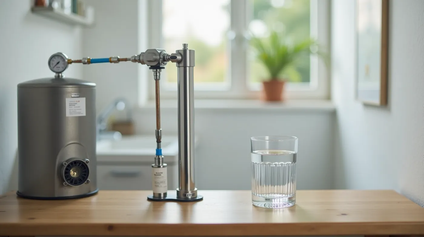 Residential well pump system with pressure tank, pressure gauge, and a glass of clear well water in a bright utility roo