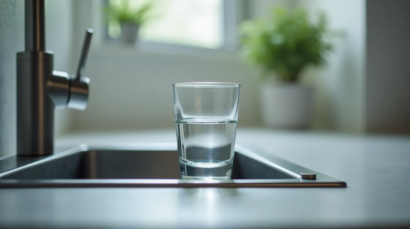 professional editorial photograph of a single clear glass of clean well water sitting on a brushed-stainless kitchen sin
