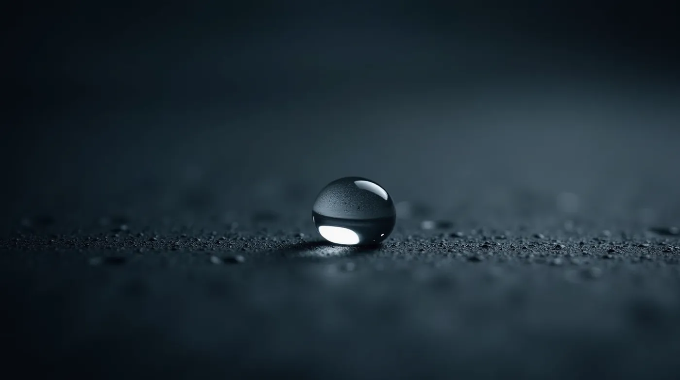 a single perfect clear water droplet resting on a dark slate surface, macro close-up, dramatic soft directional lighting