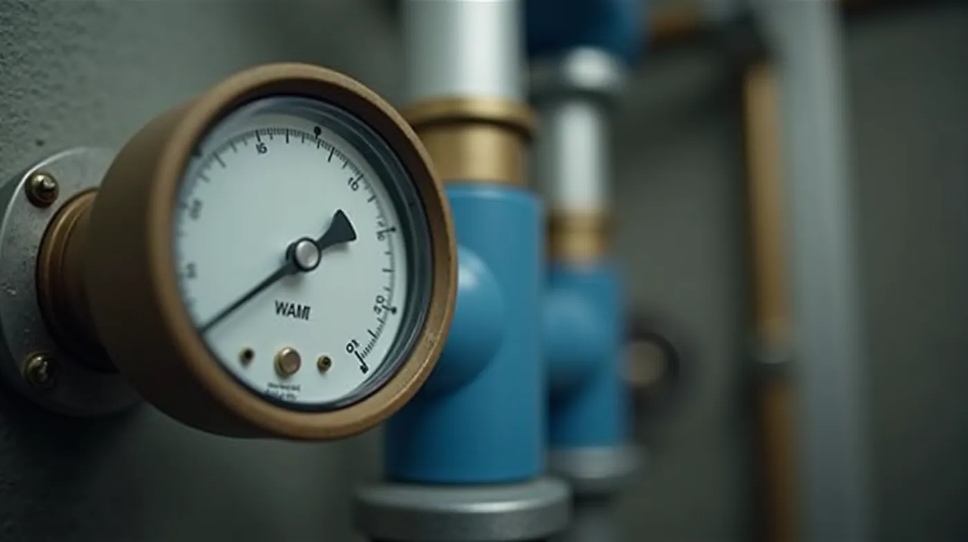 Wide professional editorial photograph of a residential well pump system in a clean utility basement: blue cylindrical p