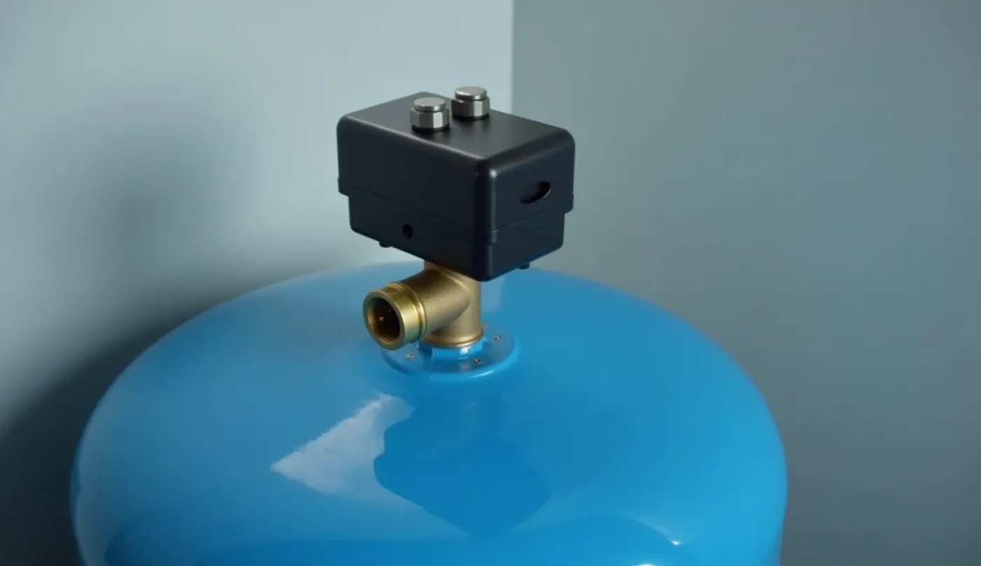 Well pump pressure switch mounted on a blue pressure tank with brass tee fitting