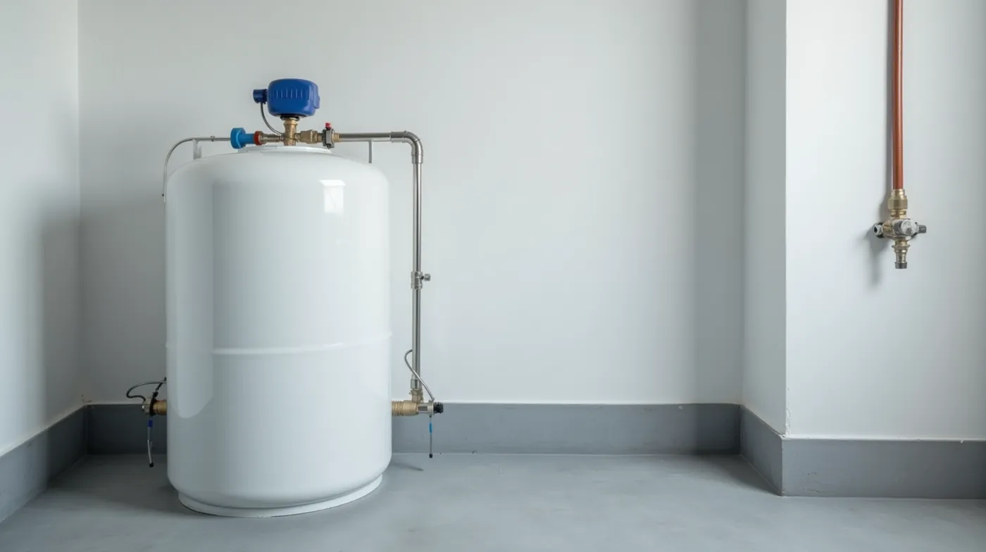 Professional editorial photograph of a residential well pump system: a white 44-gallon cast-iron water pressure tank wit
