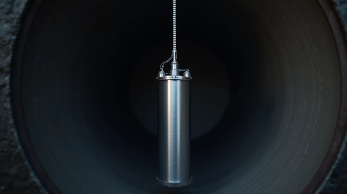 a stainless steel submersible well pump hanging from a braided steel lifting cable inside a narrow dark steel well casin