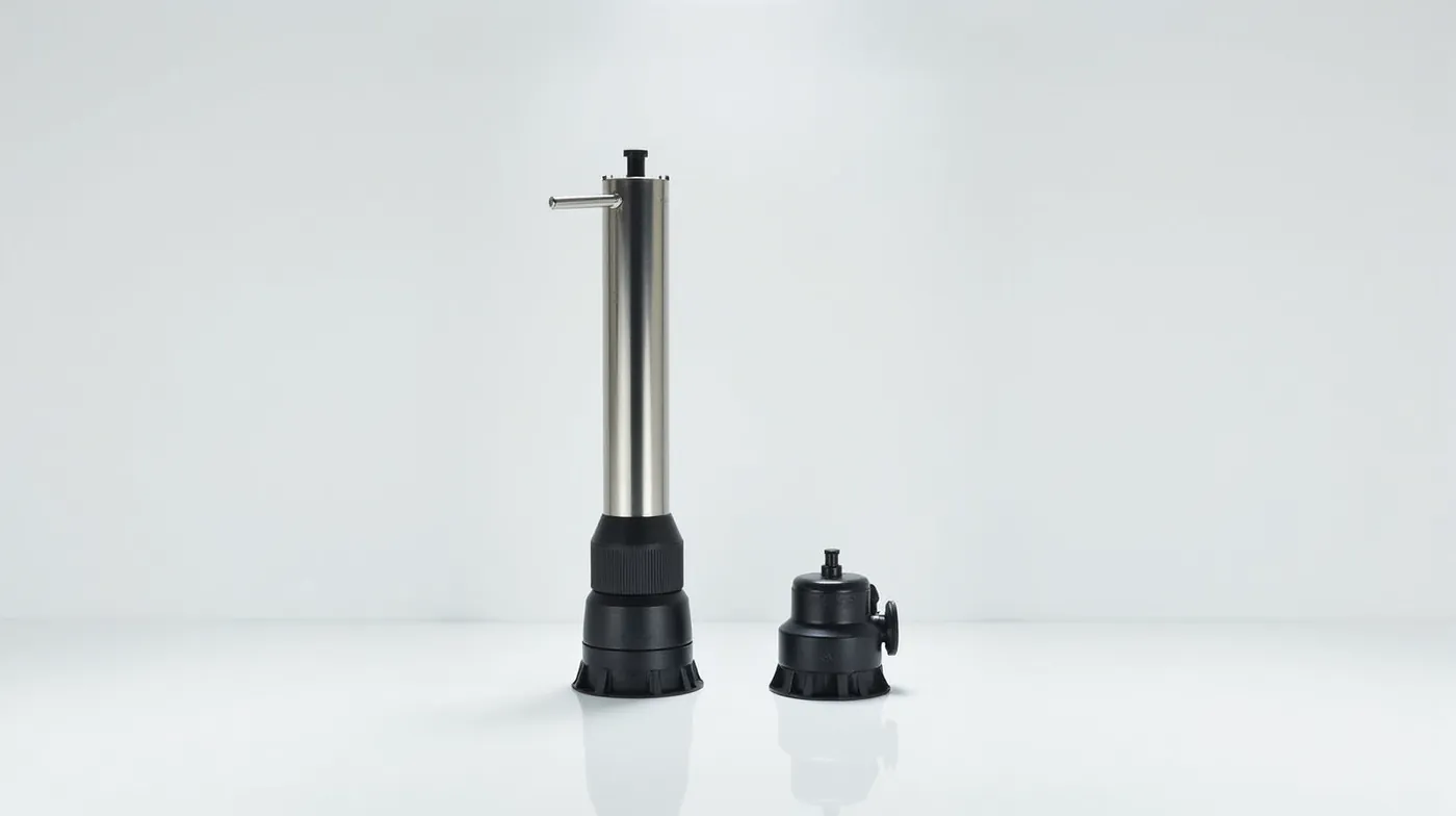 Professional editorial photograph of a stainless steel submersible water well pump standing beside a cast iron shallow w