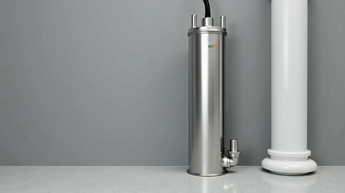 A stainless steel submersible well pump standing vertically with its black power cable and threaded discharge coupling,