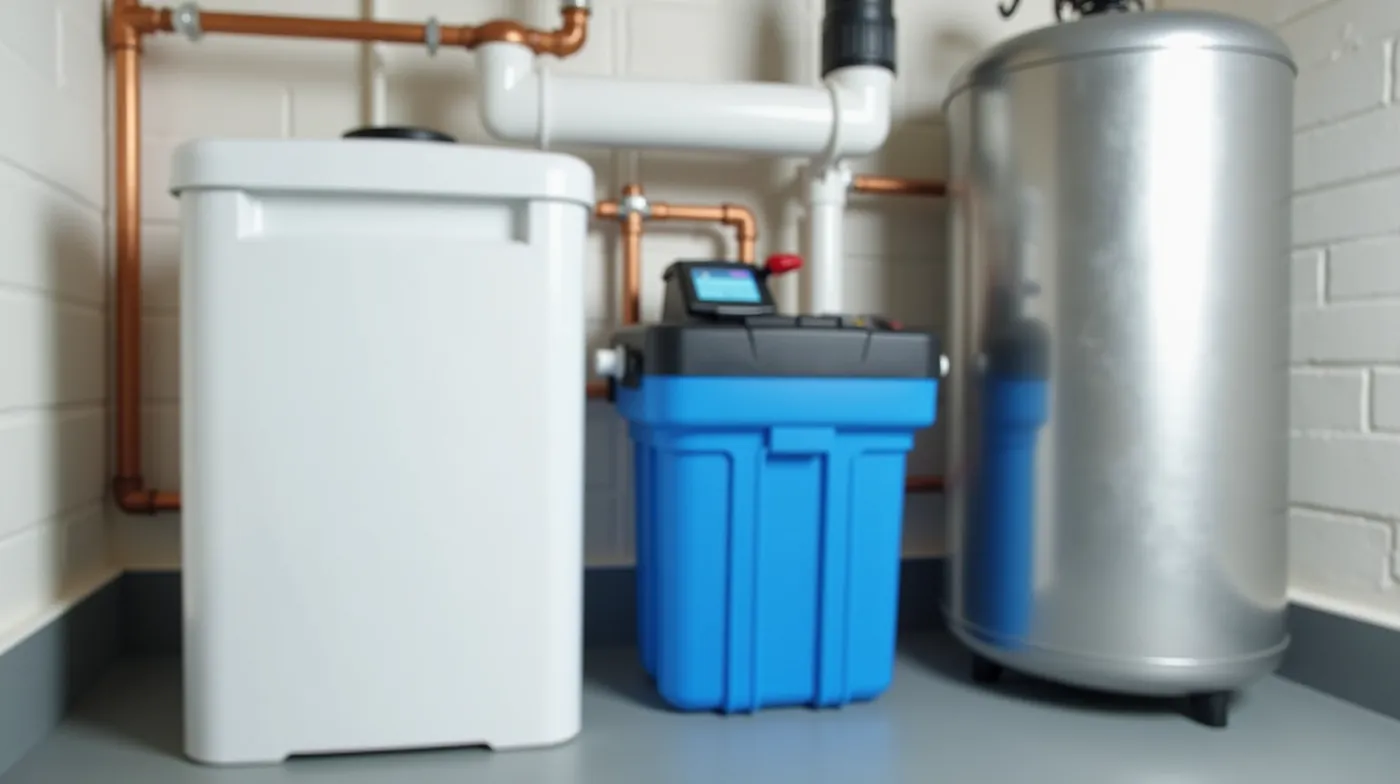 Professional editorial photograph of a modern residential well water treatment system in a clean basement utility room: