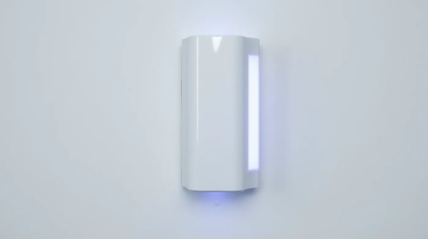 Professional editorial photograph of a sleek white cylindrical whole-house ultraviolet water sterilizer unit mounted on