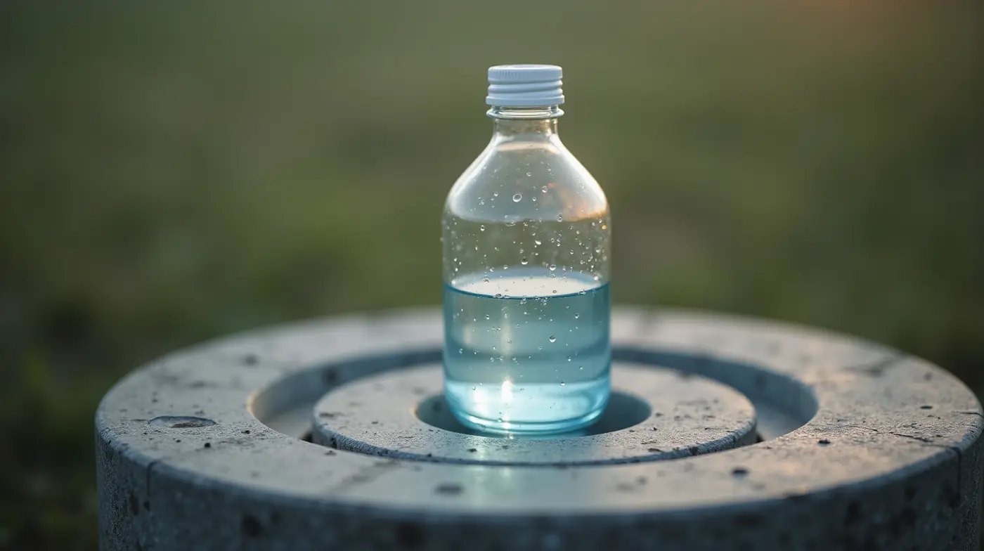 Professional editorial photograph of a clear plastic sample bottle half-filled with crystal-clear water, sitting on a co