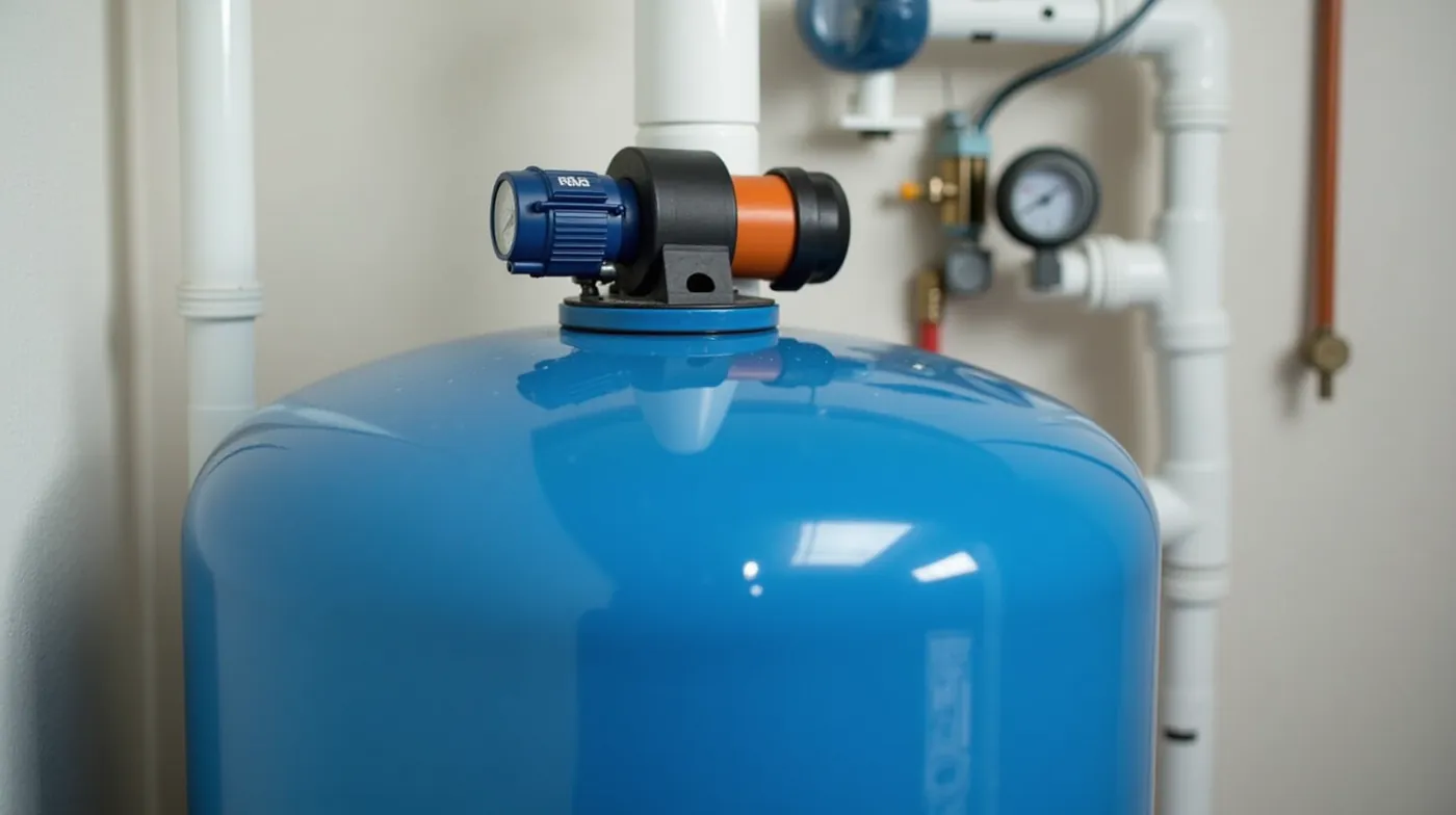 professional editorial photograph of a complete residential well pump system: a steel blue well pressure tank with a sma