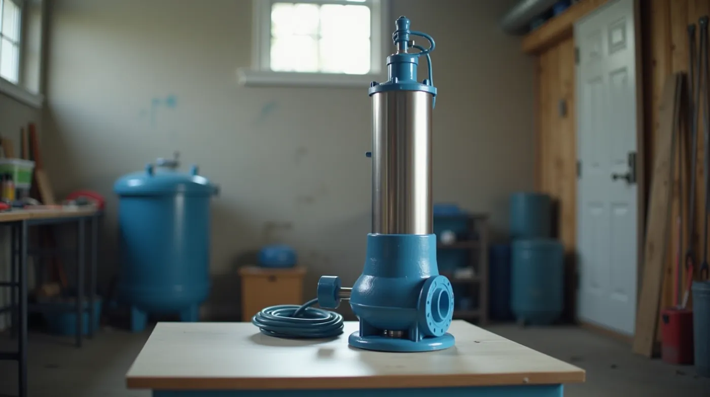Professional editorial photograph of a brand-new 3-inch stainless steel submersible well pump standing upright on a clea