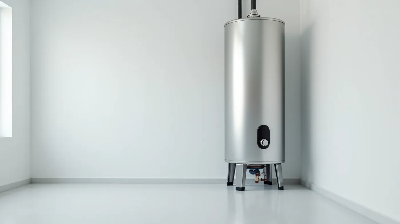 Professional editorial photograph of a stainless steel tank water heater standing in a bright clean utility room, a drai