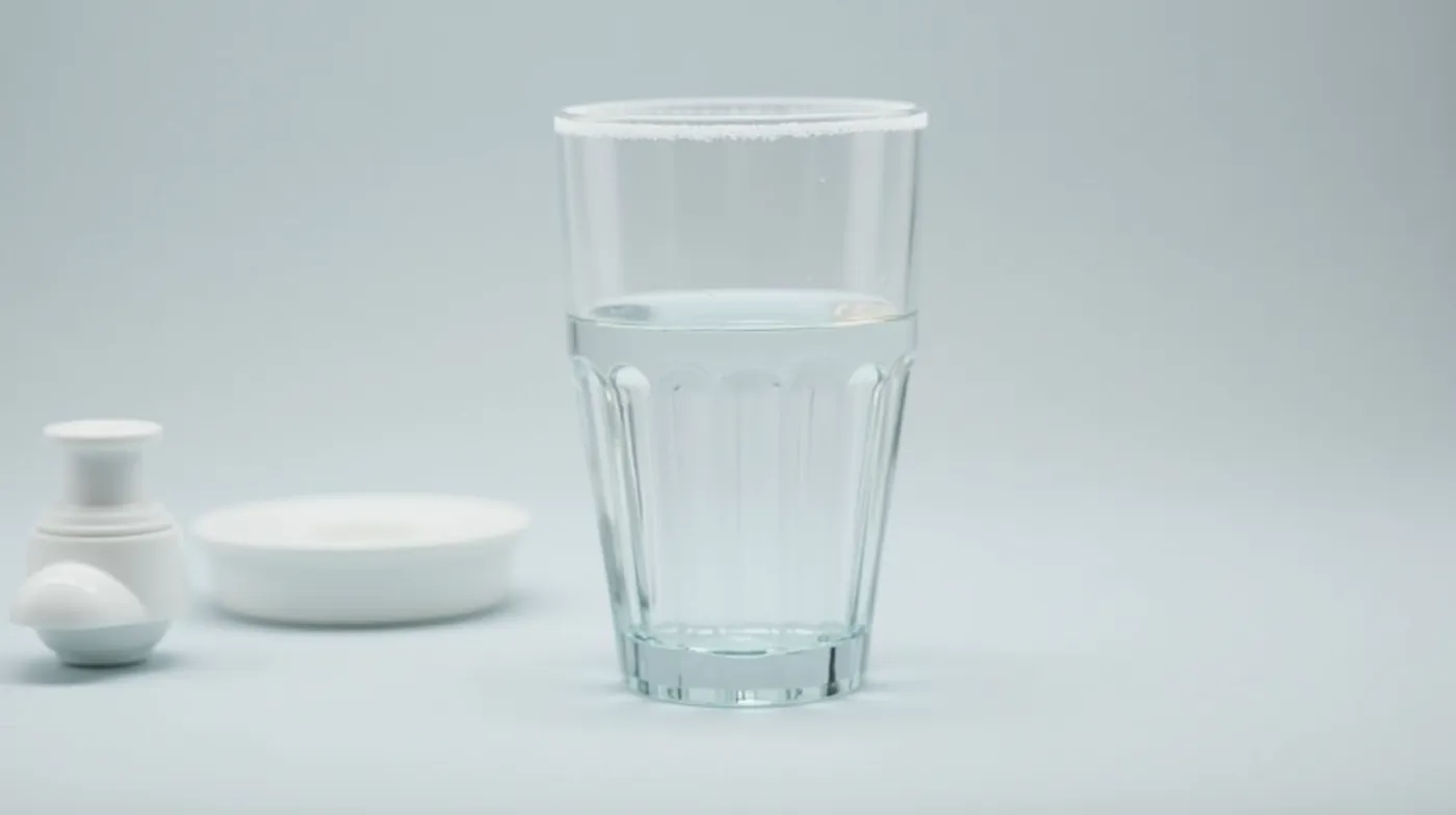 Macro editorial photograph of a clear drinking glass with a thin chalky white ring of mineral scale deposit at the water