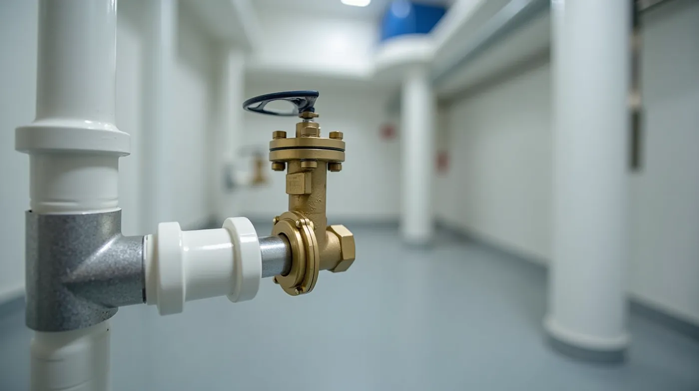 A professional editorial photograph of a polished brass and stainless steel reduced pressure zone backflow preventer val