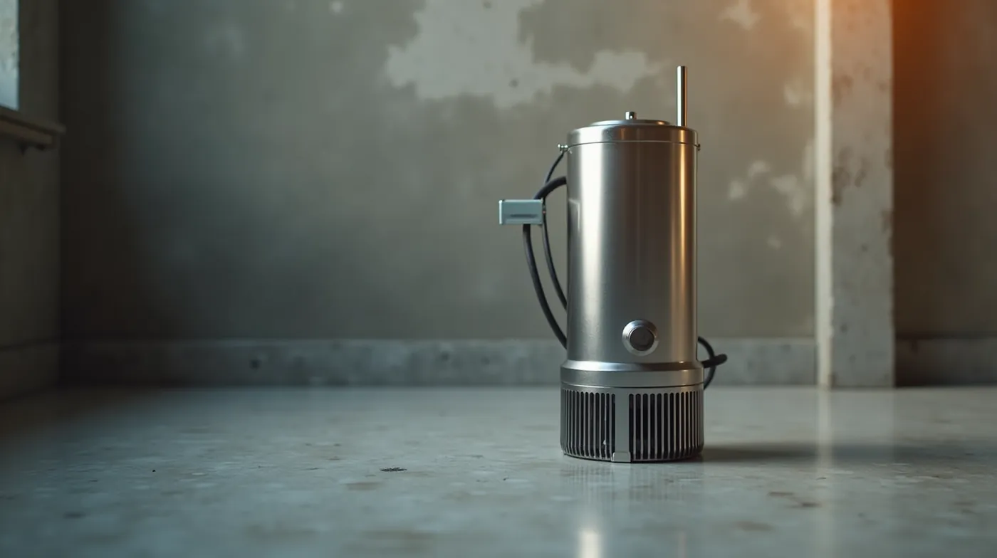 Professional editorial photograph of a stainless steel submersible well water pump motor standing upright on a clean con