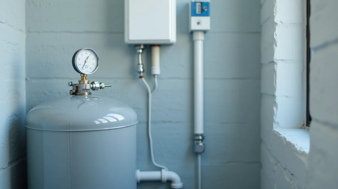 Residential well pressure tank with top-mounted pressure gauge and pump pressure switch in a clean utility room
