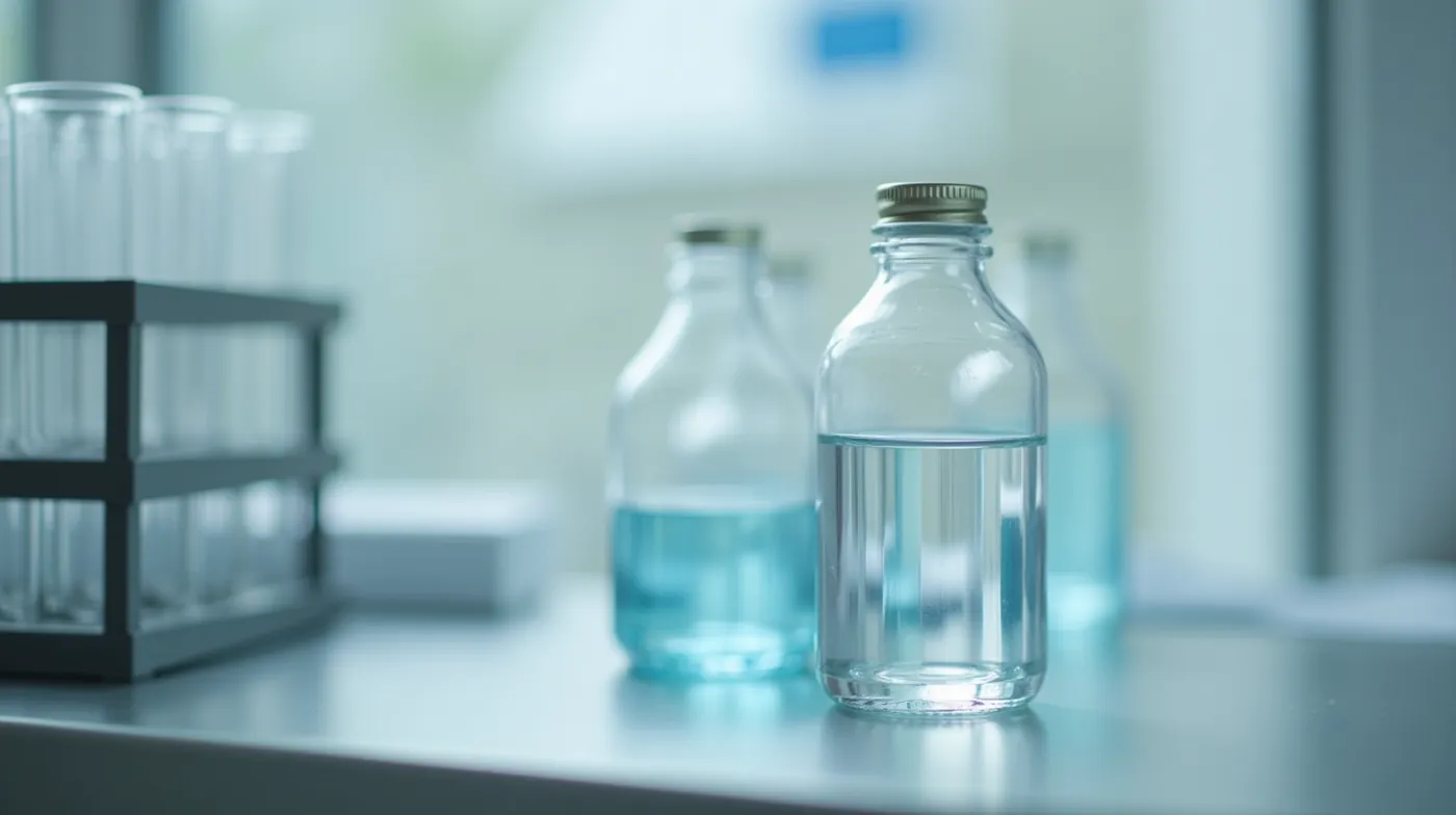 Professional editorial photograph of a clear glass laboratory sample bottle filled with crystal-clear water standing on