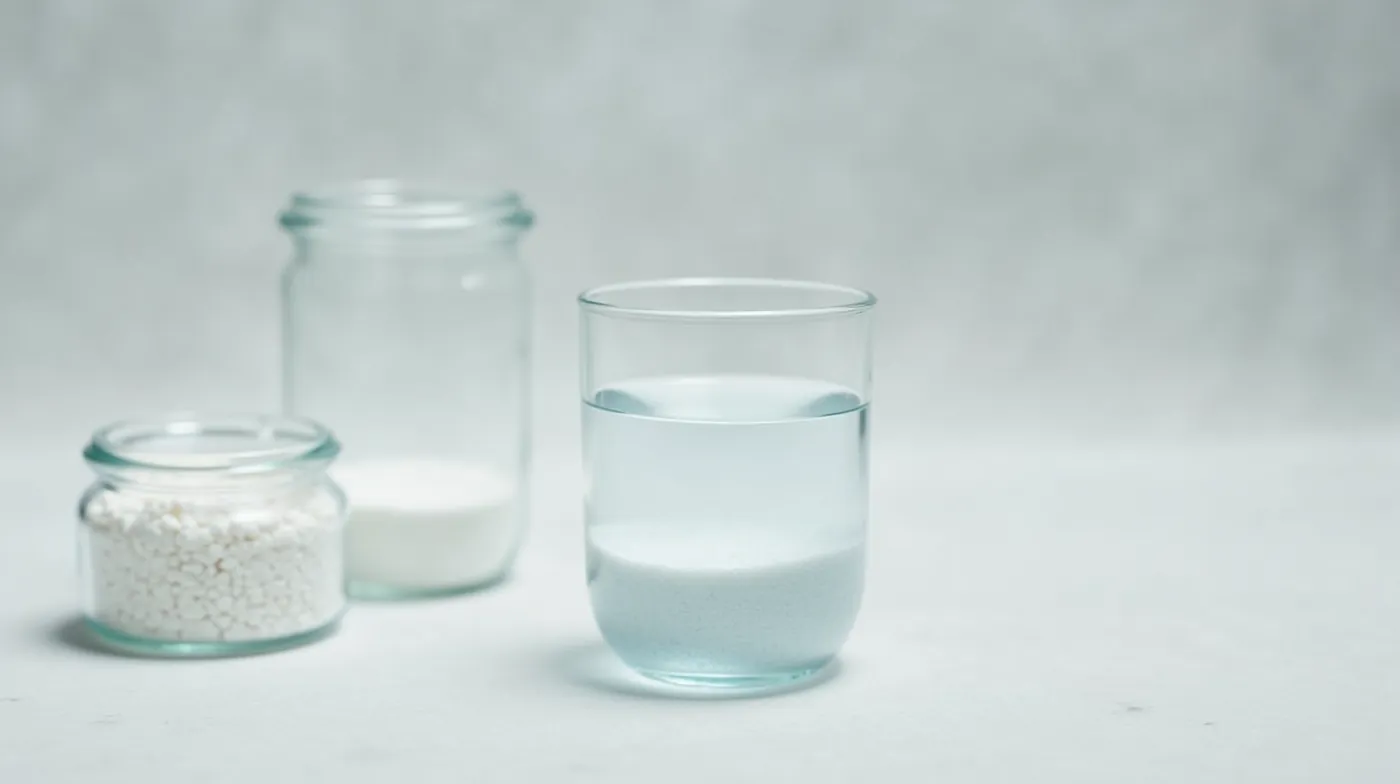 Professional editorial photograph: a clear drinking glass of water with fine white mineral sediment settled at the botto