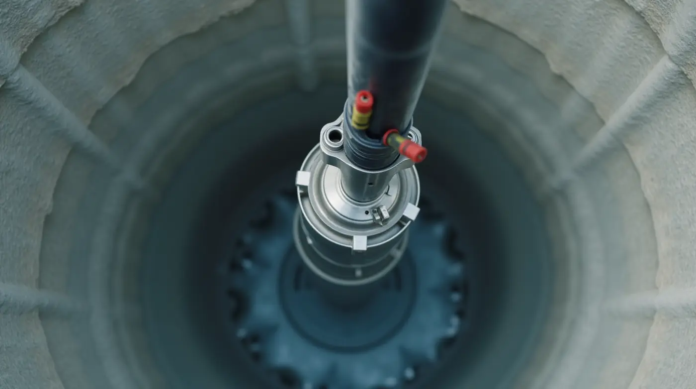 Close-up editorial photograph of a stainless steel submersible well pump motor and pump end suspended by a thick black p