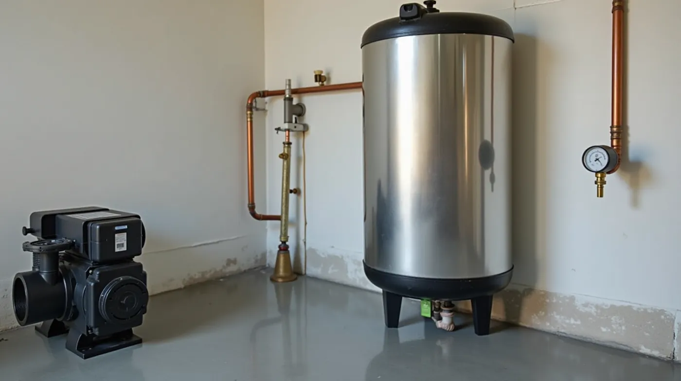 Professional editorial photograph of a steel well pressure tank with a rubber diaphragm bladder, mounted on a basement w