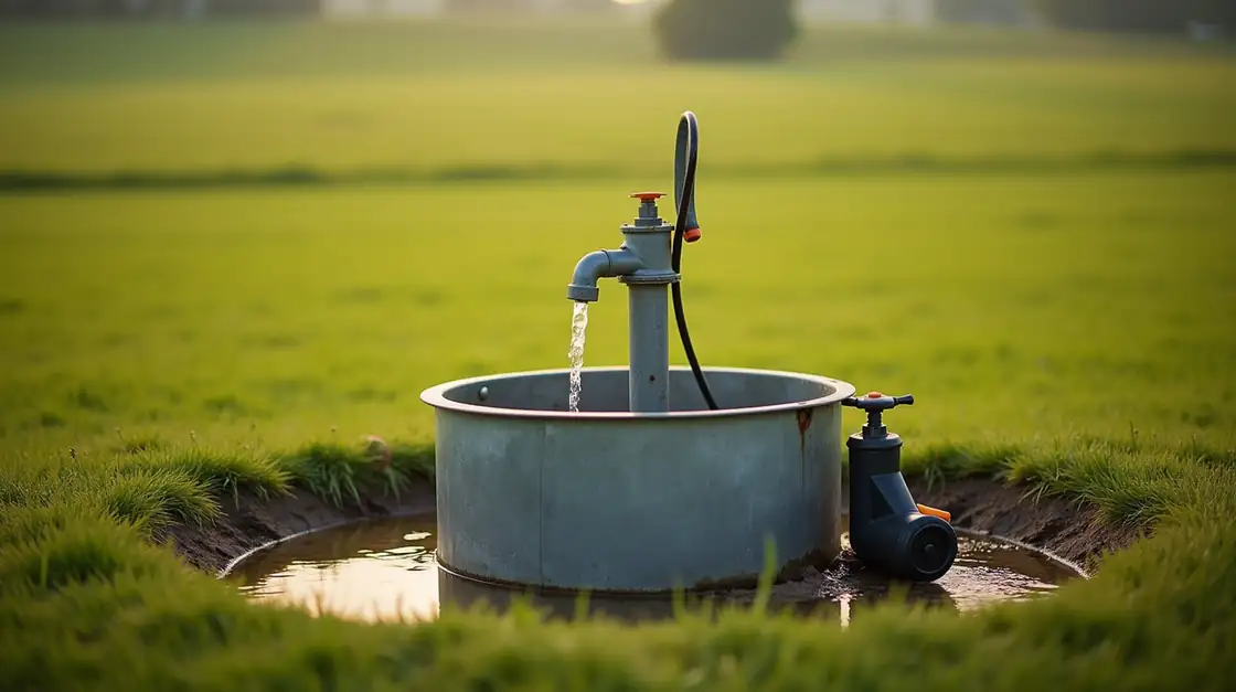 Professional editorial photograph of a shallow private water well pump house at a rural home, a clean galvanized steel w