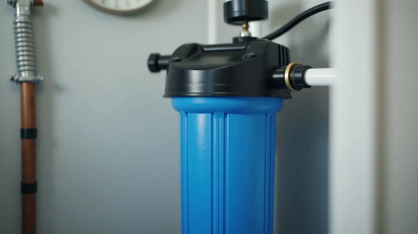 Professional editorial photograph of a whole-house greensand iron water filter tank installed in a clean basement utilit