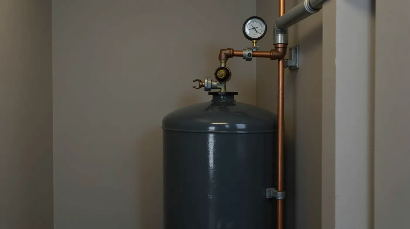 professional editorial photograph of a vertical residential well pressure tank, dark steel diaphragm tank with a small b