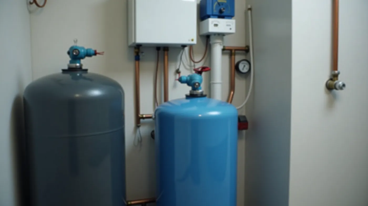 professional editorial photograph of a residential well pump system in a clean utility room, dark steel bladder pressure
