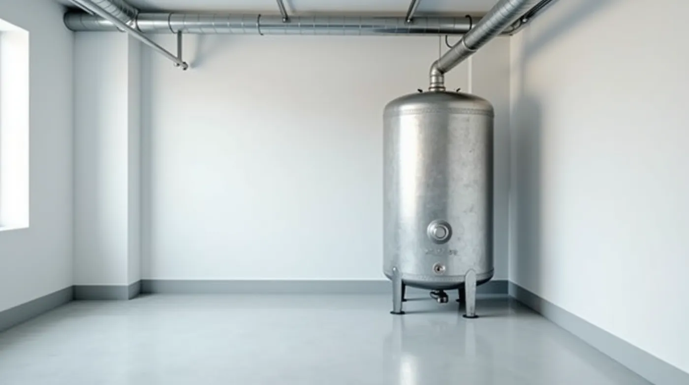 A galvanized steel water pressure tank in a clean basement utility room