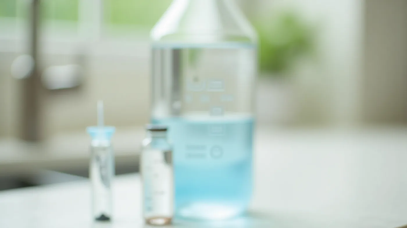 Close-up of a clear glass bottle filled with clean well water next to a water testing titration kit with a small graduat