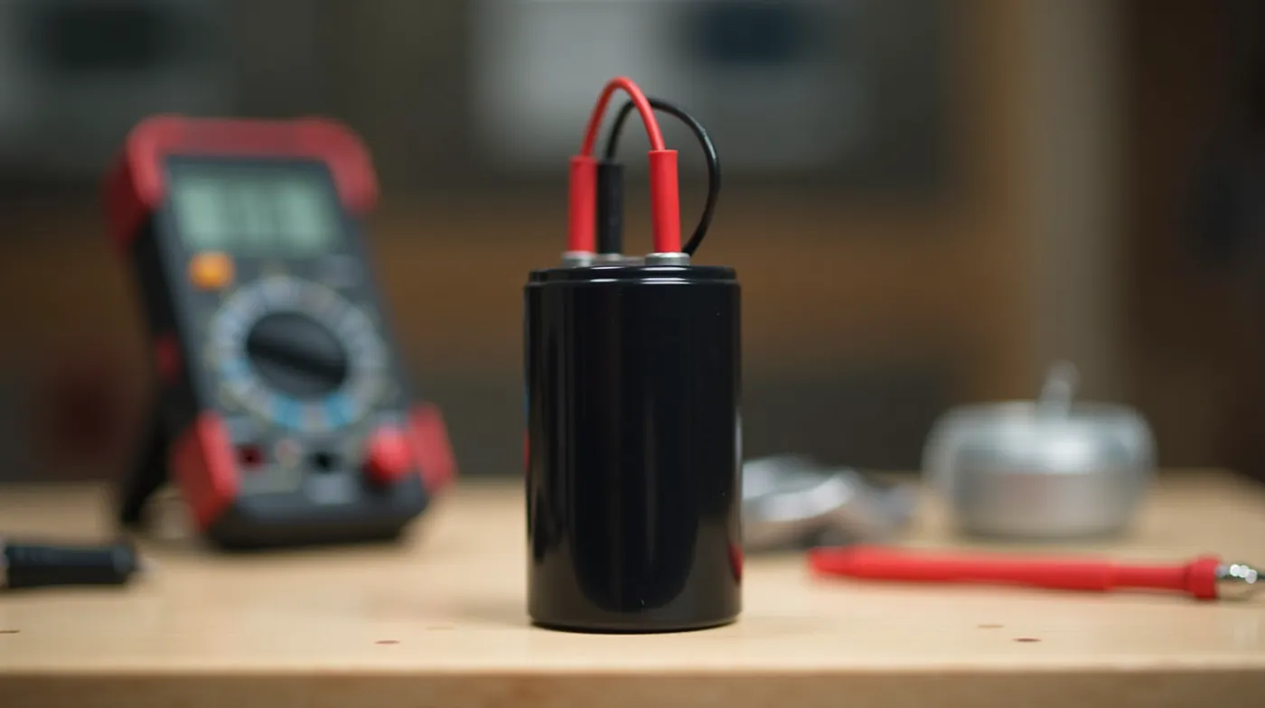 Professional editorial photograph of a cylindrical black well pump capacitor with red and black wires, sitting on a clea