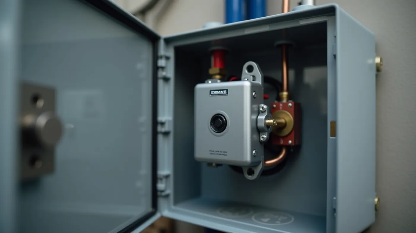 Professional editorial photograph of a silver 240V electrical contactor mounted inside an open well pump control box, br