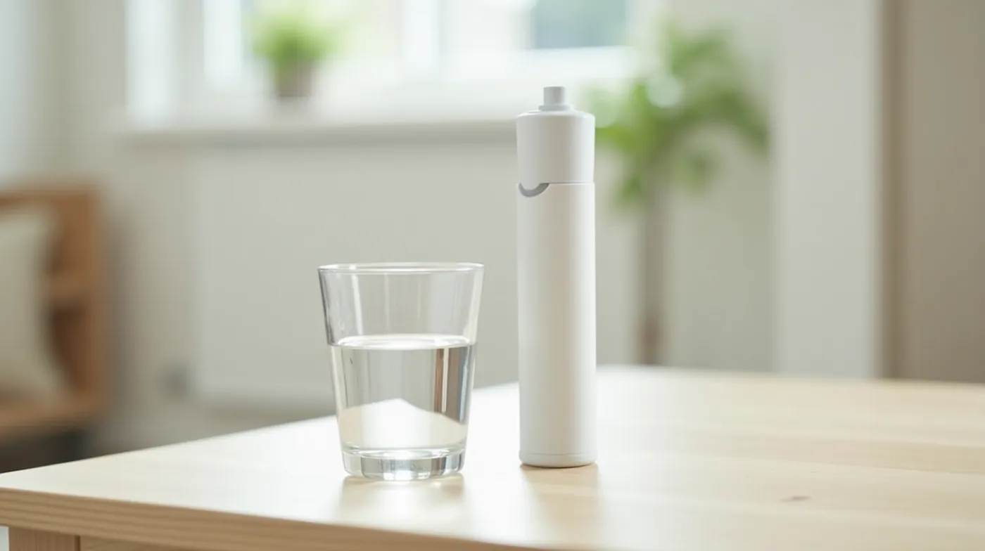 professional editorial photograph of a clear glass of clean water beside a cylindrical activated carbon water filter car