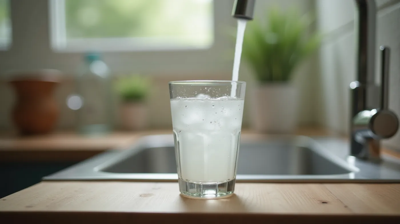 Professional editorial photograph of a clear glass of slightly cloudy milky-white water on a rustic wooden kitchen count