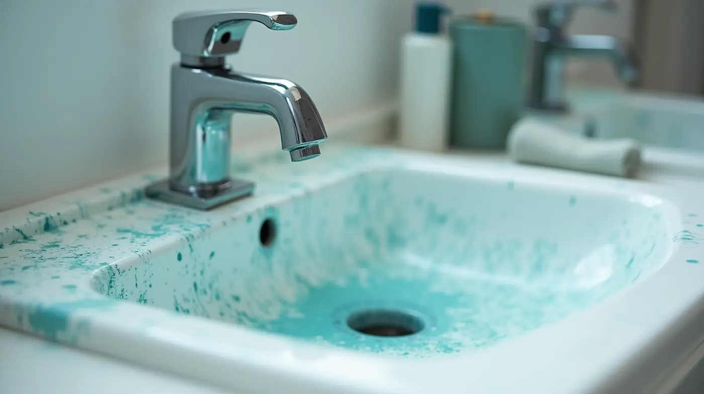 Professional editorial photograph of blue-green copper corrosion patina on a white porcelain sink basin and chrome fauce