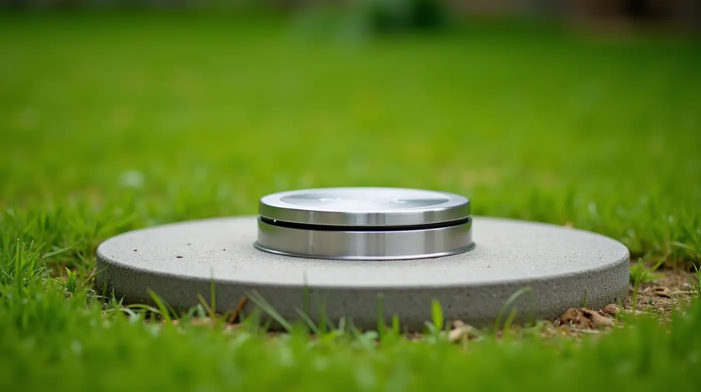 Professional product-style editorial photograph of a stainless steel sanitary well cap fitted onto a round concrete resi