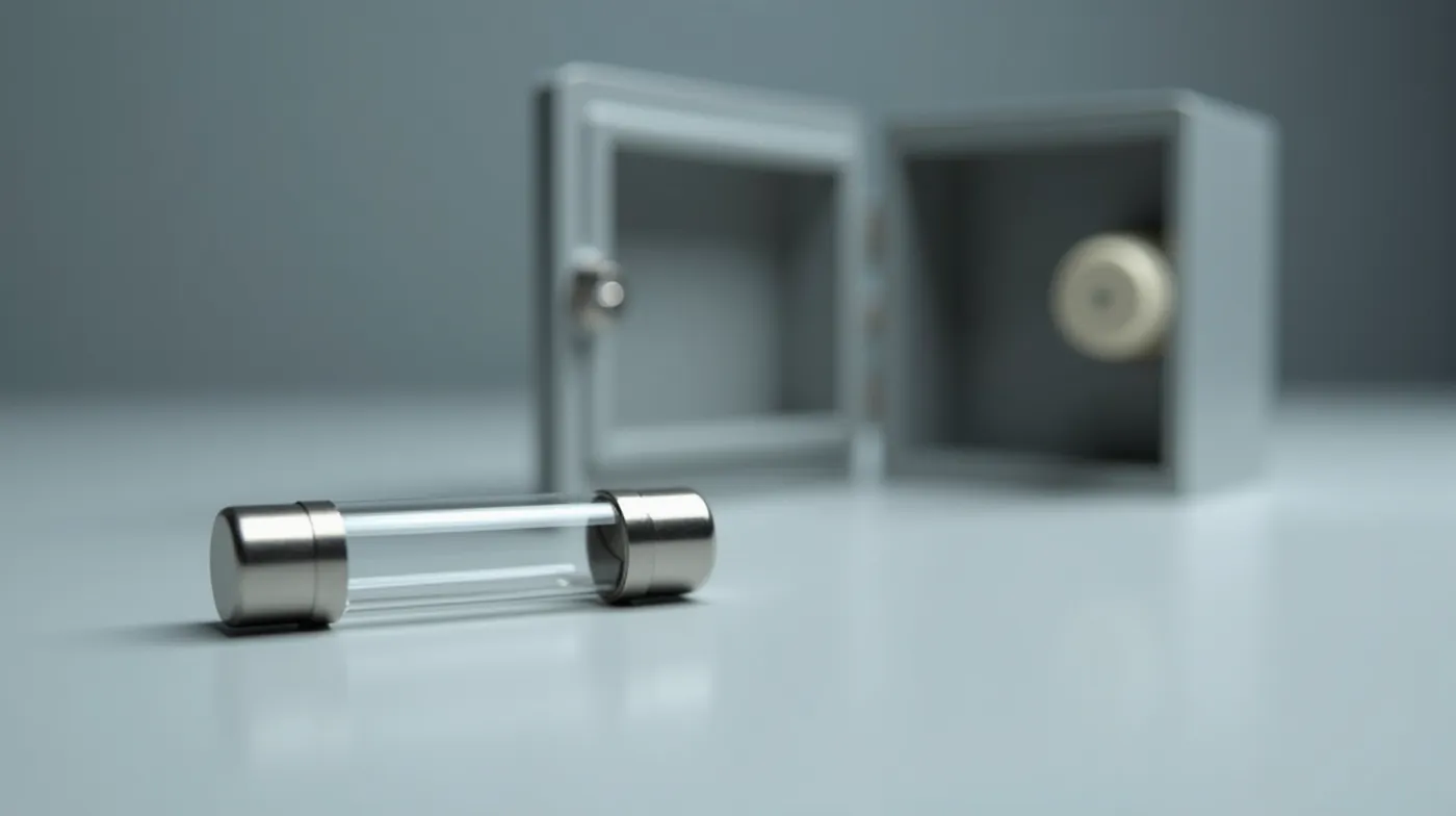 Professional editorial photograph of a small glass electrical fuse with metal end caps lying on a clean light-gray workb