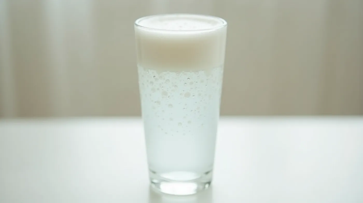 A single clear drinking glass of clean water with a thin crown of fine foam bubbles on top, sitting on a light kitchen c