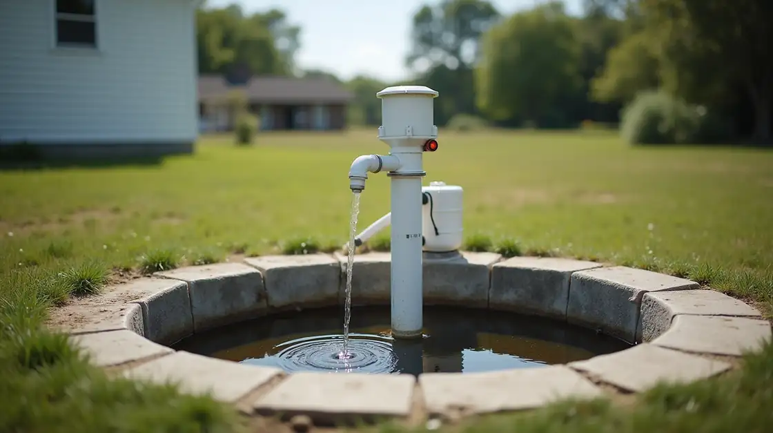 White well pump and pressure tank discharging clear water into a concrete well pit