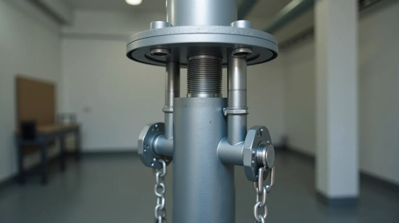 Professional editorial photograph of a zinc-plated steel well pump hanger assembly threaded into the top of a galvanized