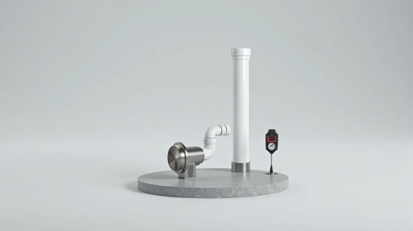 A professional editorial product photograph of a hydrostatic well test setup on a clean concrete pad: a stainless steel 