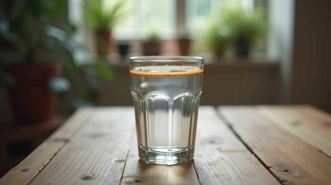Professional editorial photograph of a clear drinking glass of water on a rustic wooden table, faint orange rust-colored