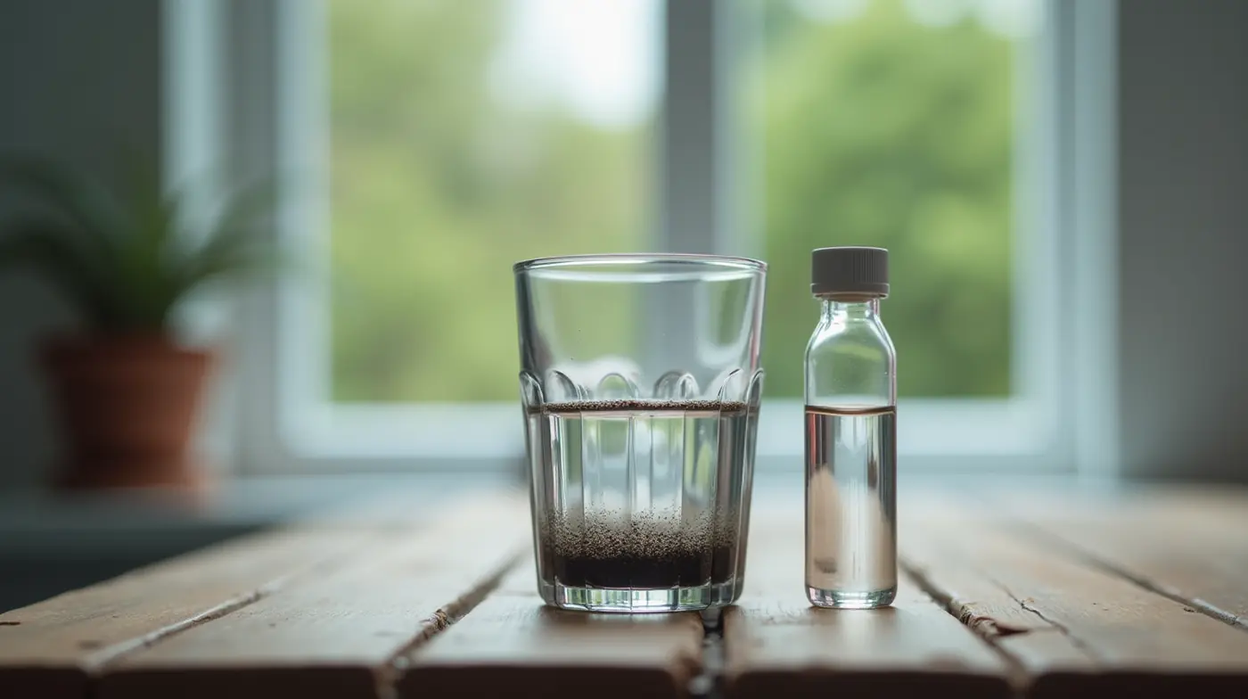 Professional editorial photograph of a clear glass of well water on a rustic wooden table with fine dark manganese sedim