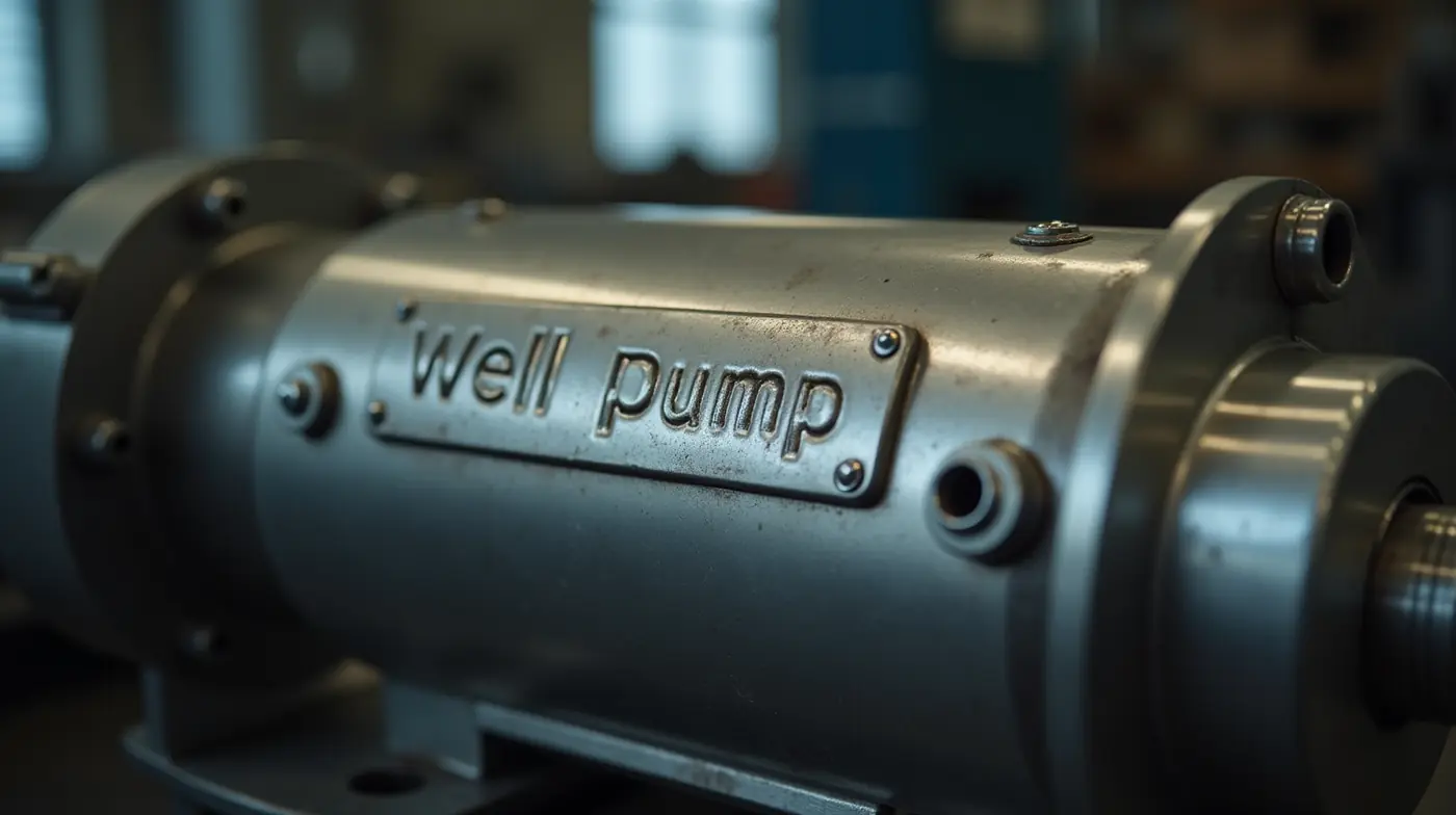 Close-up editorial photograph of an engraved metal nameplate riveted to a stainless steel submersible well pump motor ho