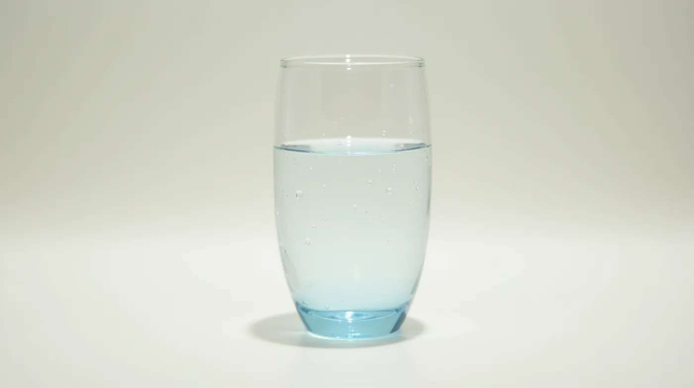 a clear simple drinking glass of clean water, a few fresh water droplets on the outside of the glass, resting on a light