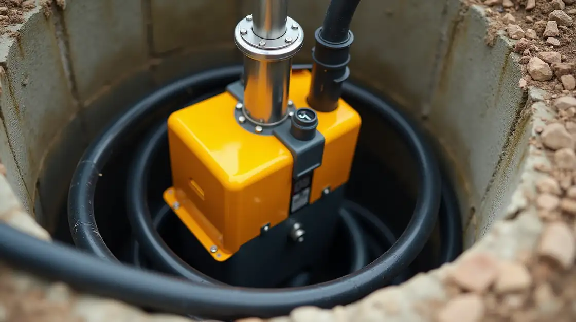 Professional editorial photograph of a yellow portable submersible well pump sitting in an open residential well pit, st